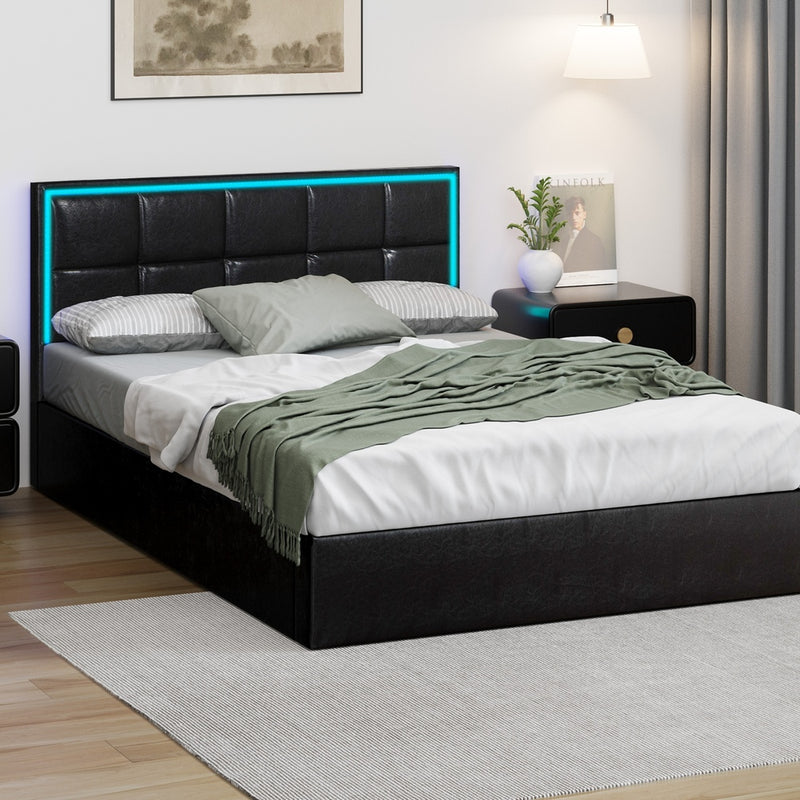 Oikiture Bed Frame Double Size RGB LED Gas Lift Storage Base Leather
