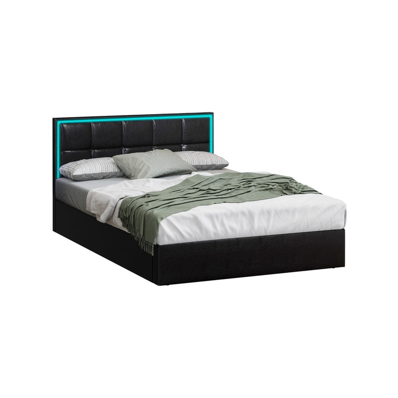 Oikiture Bed Frame Double Size RGB LED Gas Lift Storage Base Leather