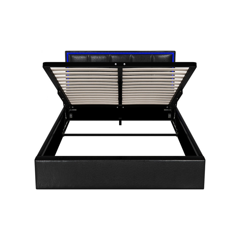 Oikiture Bed Frame Double Size RGB LED Gas Lift Storage Base Leather