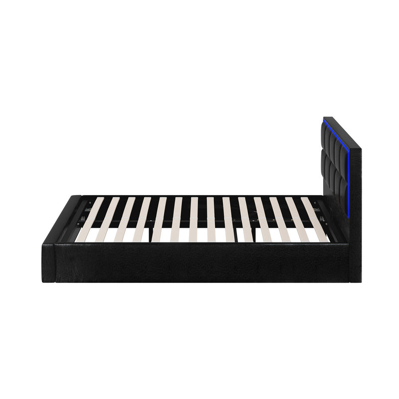 Oikiture Bed Frame Double Size RGB LED Gas Lift Storage Base Leather