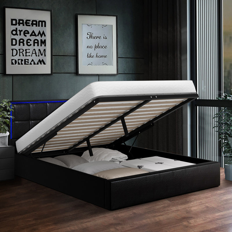 Oikiture Bed Frame Double Size RGB LED Gas Lift Storage Base Leather
