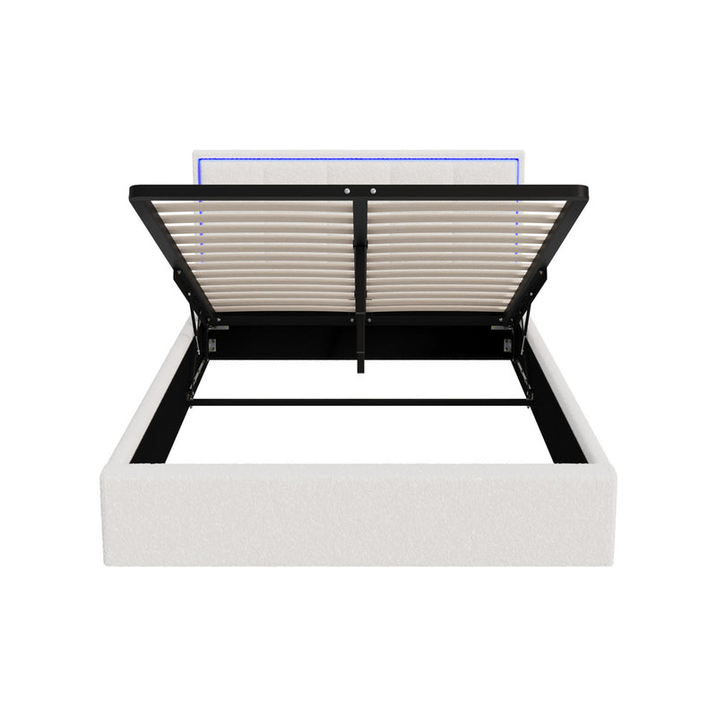 Oikiture Bed Frame Double Size RGB LED Gas Lift Storage Base White Boucle