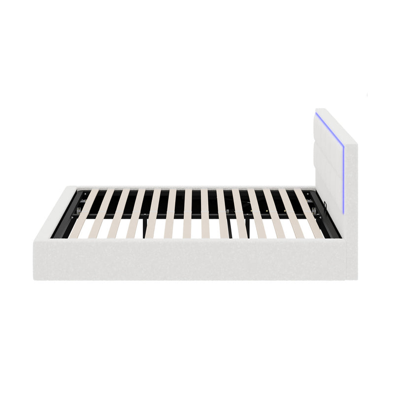 Oikiture Bed Frame Double Size RGB LED Gas Lift Storage Base White Boucle