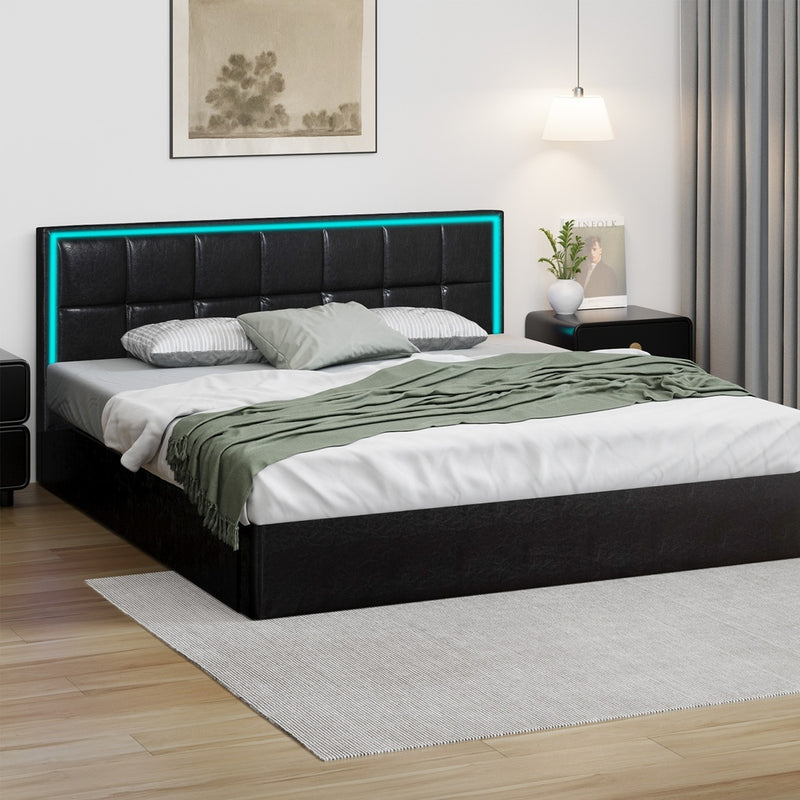 Oikiture Bed Frame King Size RGB LED Gas Lift Storage Base Leather