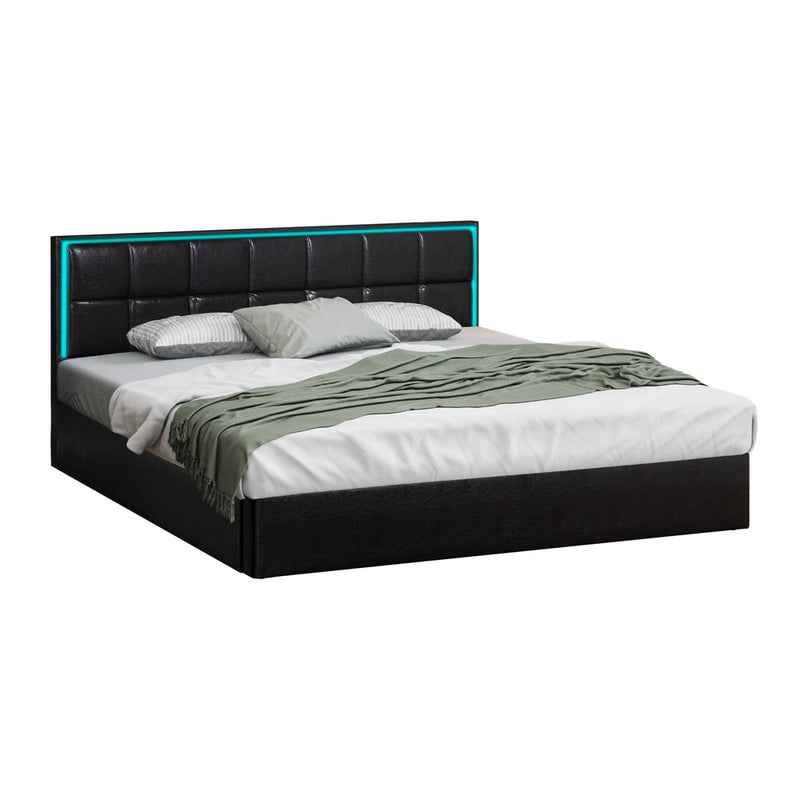 Oikiture Bed Frame King Size RGB LED Gas Lift Storage Base Leather