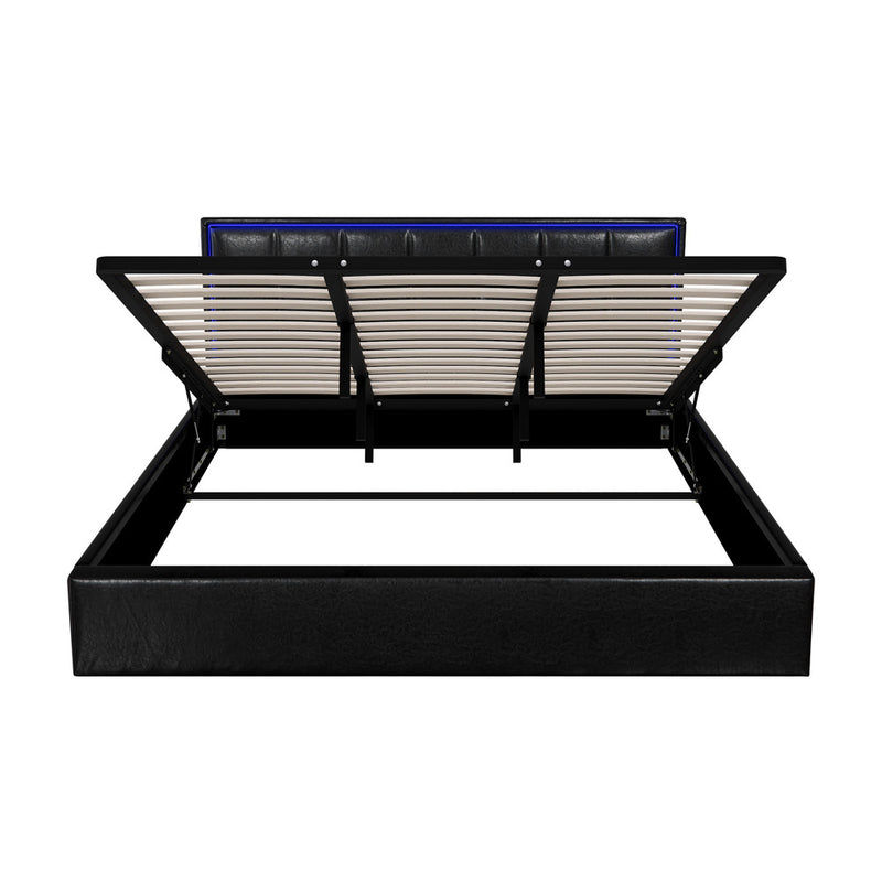 Oikiture Bed Frame King Size RGB LED Gas Lift Storage Base Leather