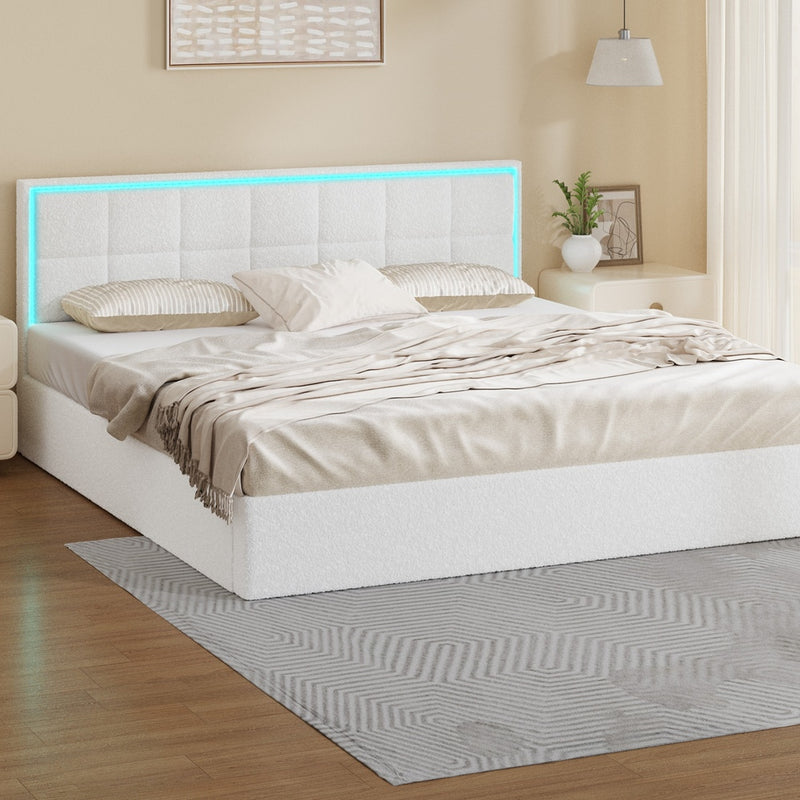 Oikiture Bed Frame King Size RGB LED Gas Lift Storage Base White Boucle
