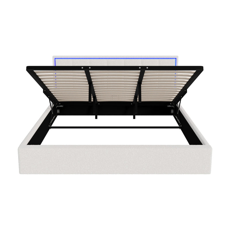 Oikiture Bed Frame King Size RGB LED Gas Lift Storage Base White Boucle