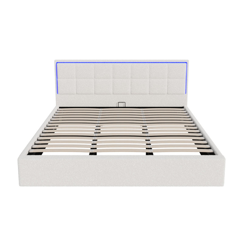 Oikiture Bed Frame King Size RGB LED Gas Lift Storage Base White Boucle
