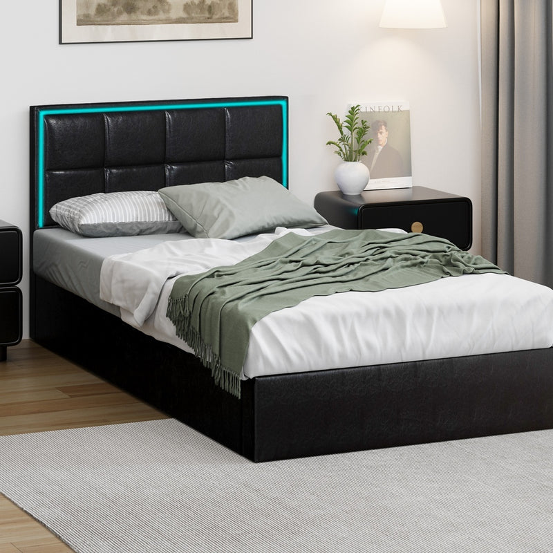 Oikiture Bed Frame King Single RGB LED Gas Lift Storage Base Leather