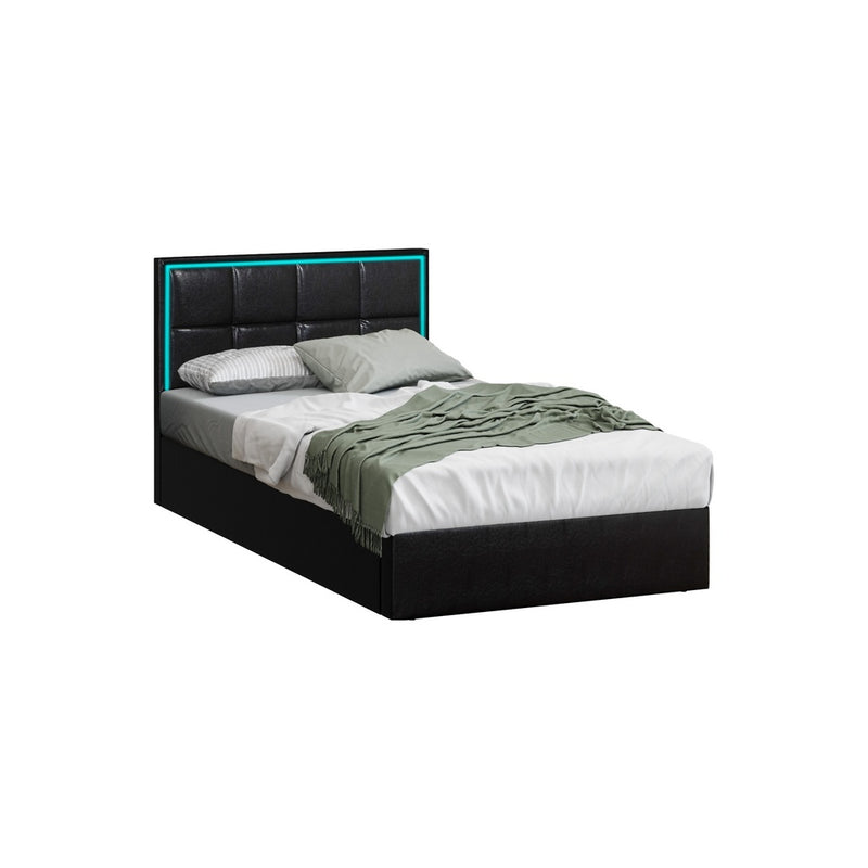 Oikiture Bed Frame King Single RGB LED Gas Lift Storage Base Leather