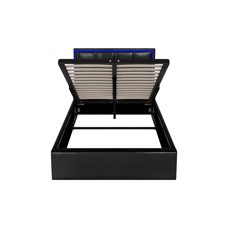 Oikiture Bed Frame King Single RGB LED Gas Lift Storage Base Leather