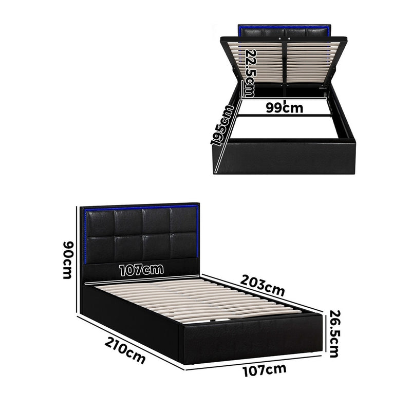 Oikiture Bed Frame King Single RGB LED Gas Lift Storage Base Leather