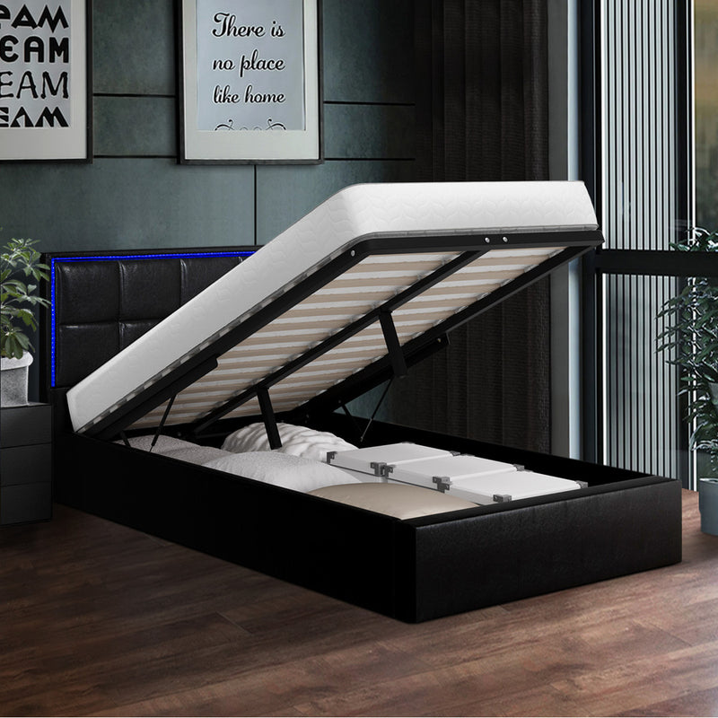 Oikiture Bed Frame King Single RGB LED Gas Lift Storage Base Leather