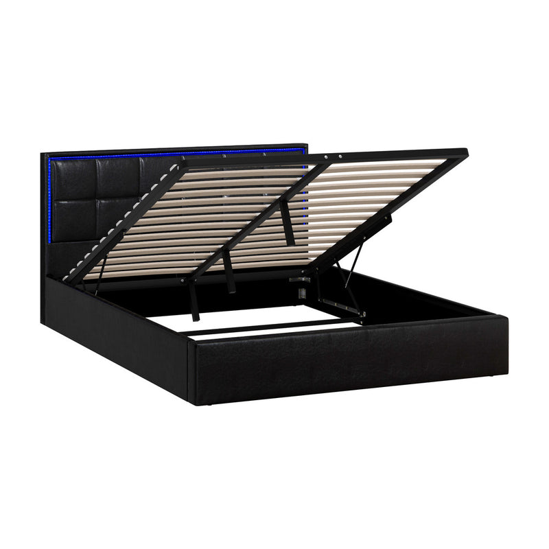 Oikiture Bed Frame Queen Size RGB LED Gas Lift Storage Base Leather