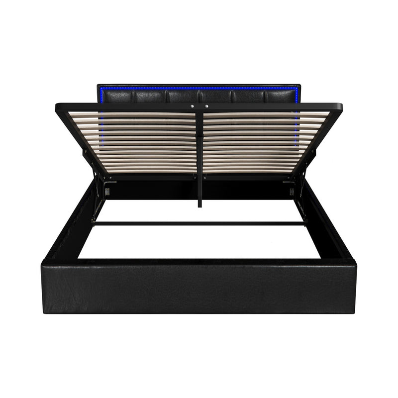 Oikiture Bed Frame Queen Size RGB LED Gas Lift Storage Base Leather
