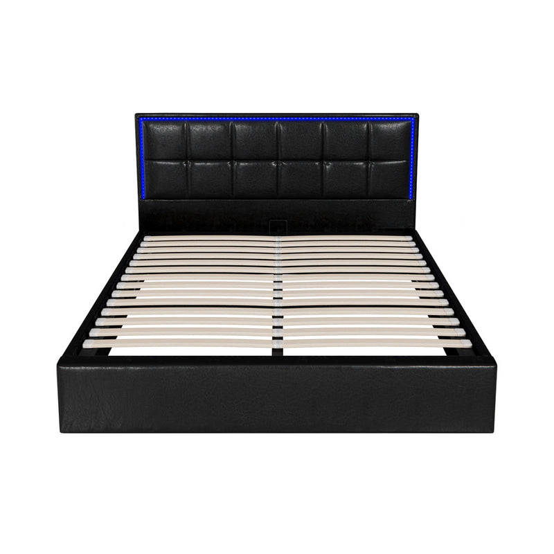 Oikiture Bed Frame Queen Size RGB LED Gas Lift Storage Base Leather