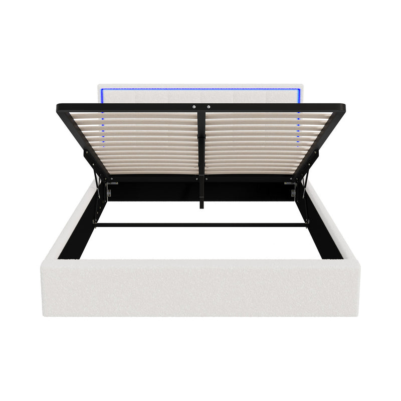 Oikiture Bed Frame Queen Size RGB LED Gas Lift Storage Base White Boucle