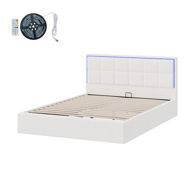Oikiture Bed Frame Queen Size RGB LED Gas Lift Storage Base White Boucle
