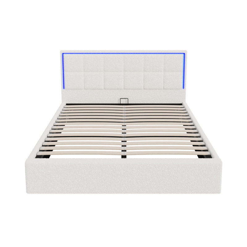 Oikiture Bed Frame Queen Size RGB LED Gas Lift Storage Base White Boucle