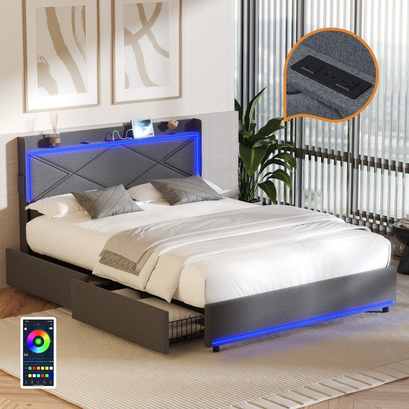 Oikiture Bed Frame Double with LED Headboard Charging Port 4 Drawers