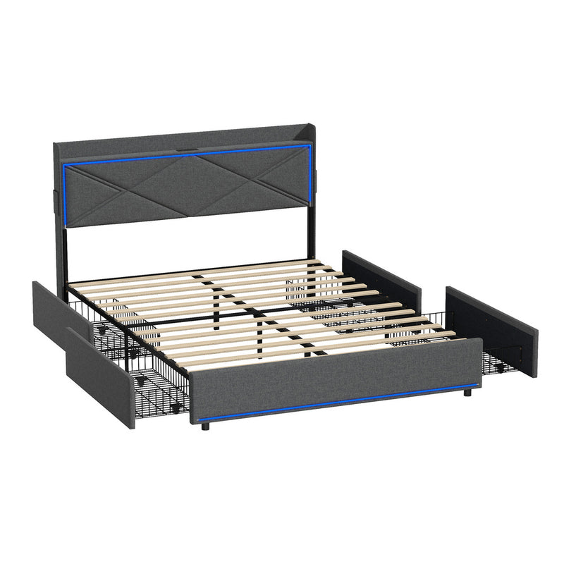 Oikiture Bed Frame Double with LED Headboard Charging Port 4 Drawers