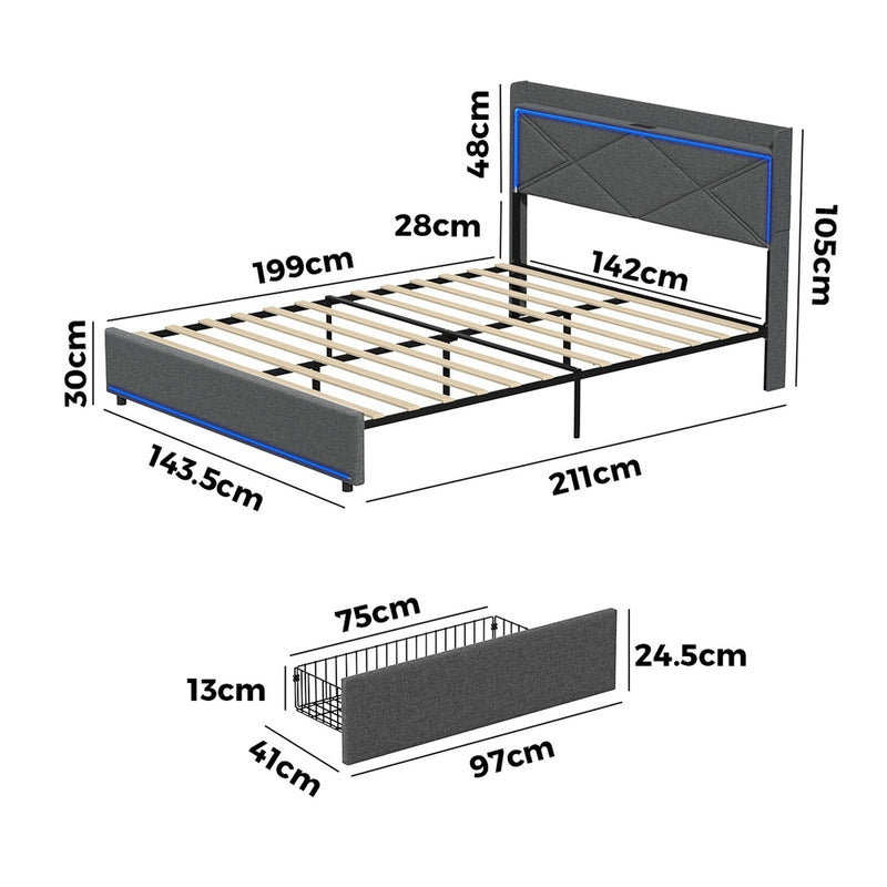 Oikiture Bed Frame Double with LED Headboard Charging Port 4 Drawers