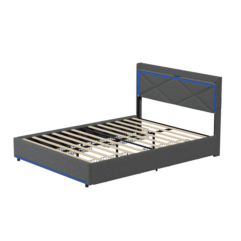 Oikiture Bed Frame Double with LED Headboard Charging Port 4 Drawers
