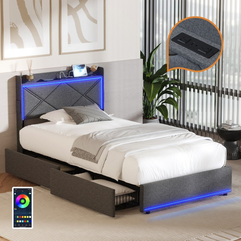 Oikiture Bed Frame King Single with LED Headboard Charging 4 Drawers
