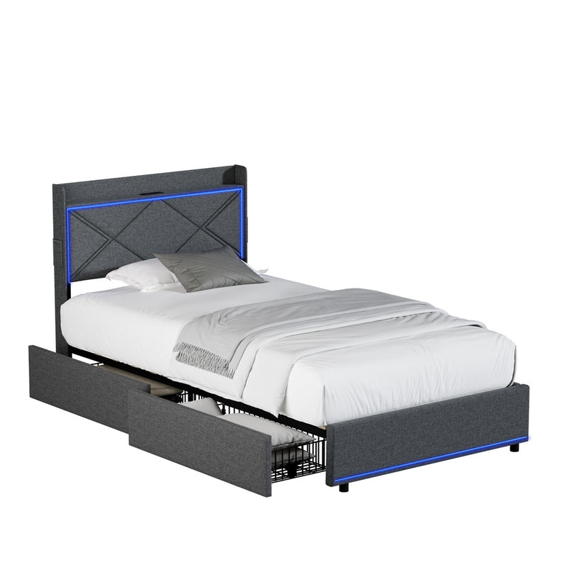 Oikiture Bed Frame King Single with LED Headboard Charging 4 Drawers