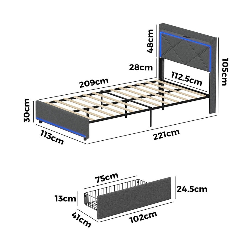 Oikiture Bed Frame King Single with LED Headboard Charging 4 Drawers