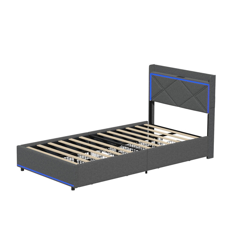Oikiture Bed Frame King Single with LED Headboard Charging 4 Drawers