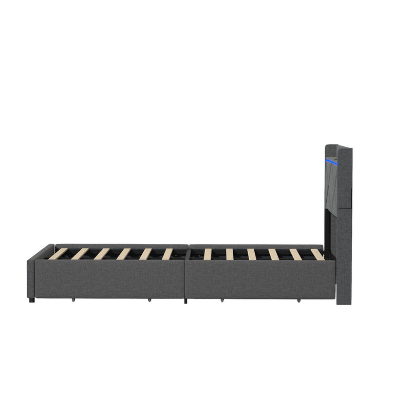 Oikiture Bed Frame King Single with LED Headboard Charging 4 Drawers