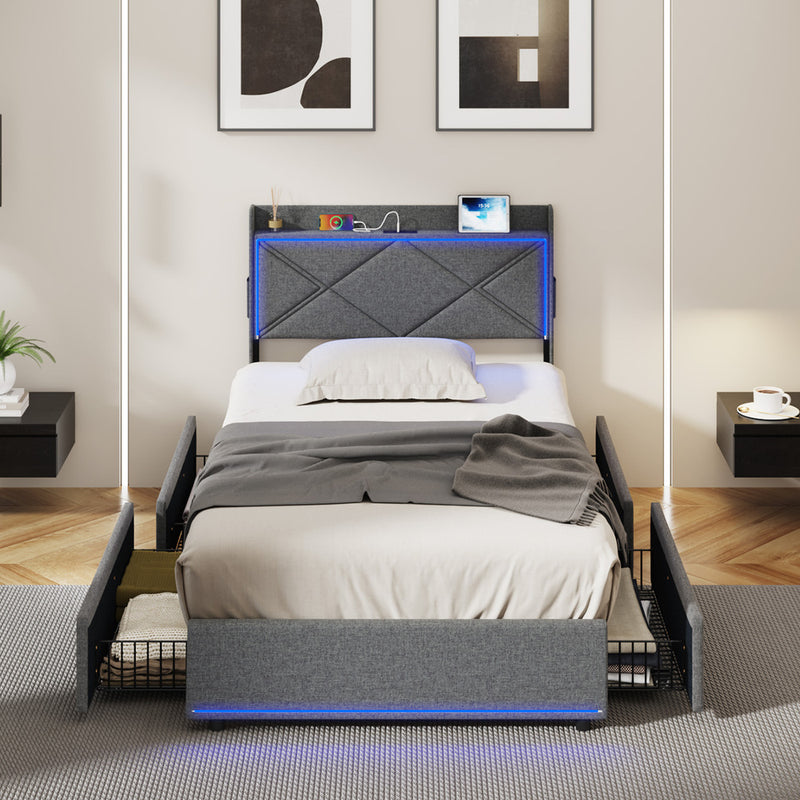 Oikiture Bed Frame King Single with LED Headboard Charging 4 Drawers