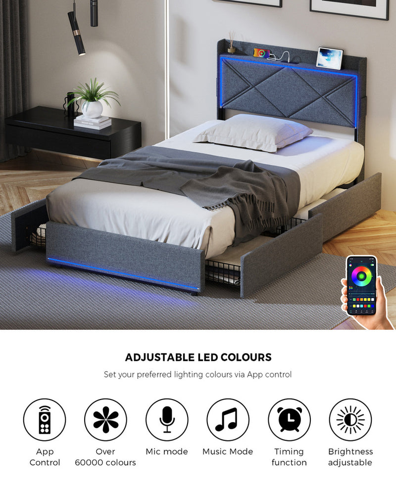 Oikiture Bed Frame King Single with LED Headboard Charging 4 Drawers