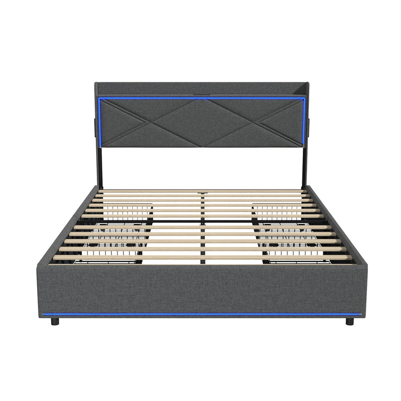 Oikiture Bed Frame Queen with LED Headboard Charging Port 4 Drawers