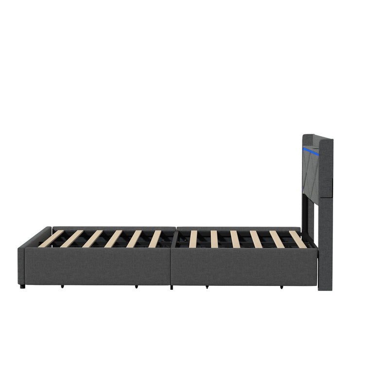 Oikiture Bed Frame Queen with LED Headboard Charging Port 4 Drawers