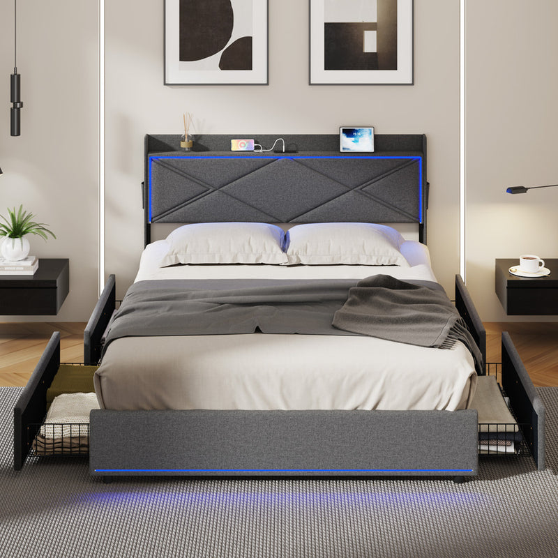 Oikiture Bed Frame Queen with LED Headboard Charging Port 4 Drawers