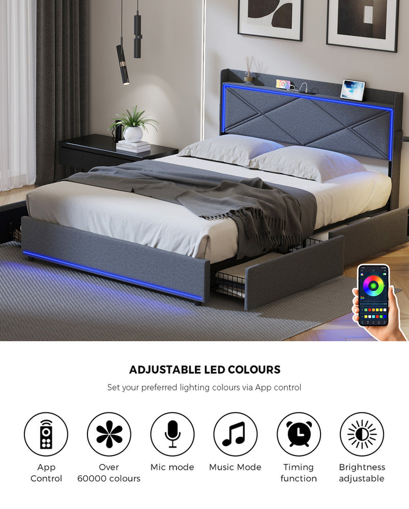 Oikiture Bed Frame Queen with LED Headboard Charging Port 4 Drawers