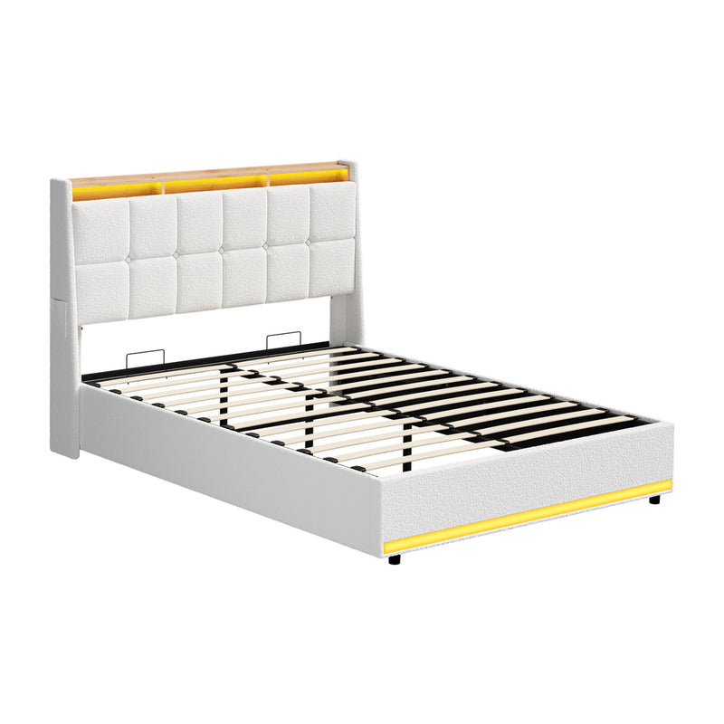 Oikiture Bed Frame Double RGB LED Light Gas Lift Beds White Boucle