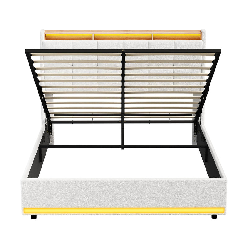 Oikiture Bed Frame Double RGB LED Light Gas Lift Beds White Boucle