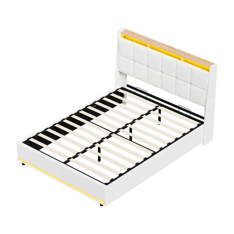 Oikiture Bed Frame Double RGB LED Light Gas Lift Beds White Boucle
