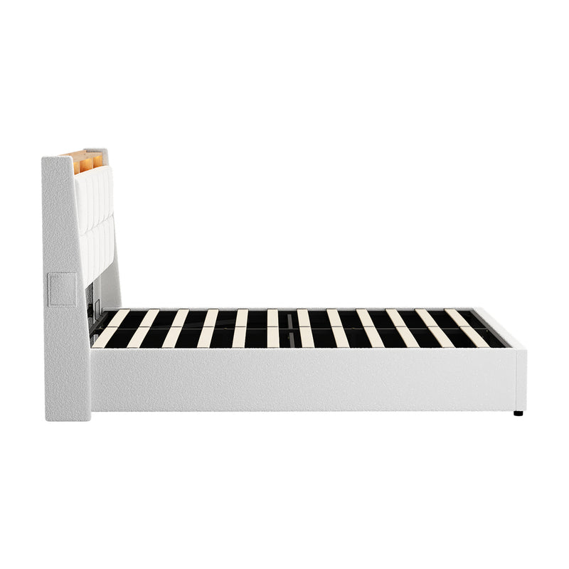 Oikiture Bed Frame Double RGB LED Light Gas Lift Beds White Boucle