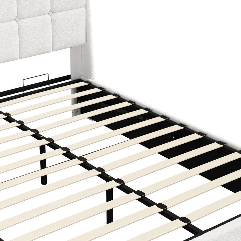 Oikiture Bed Frame Double RGB LED Light Gas Lift Beds White Boucle