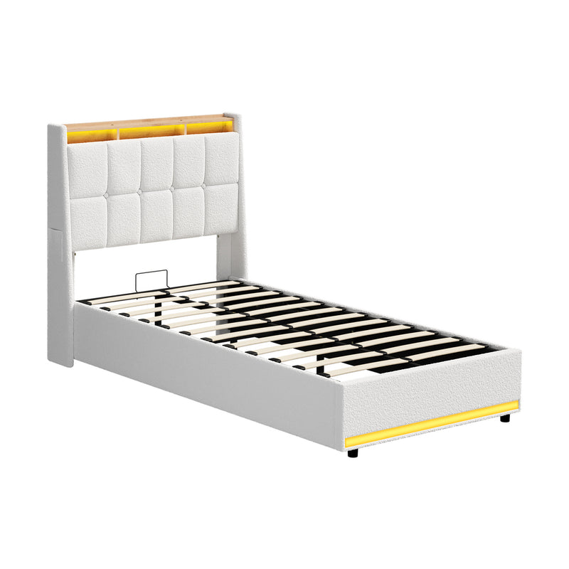 Oikiture Bed Frame King Single RGB LED Gas Lift with Storage Boucle