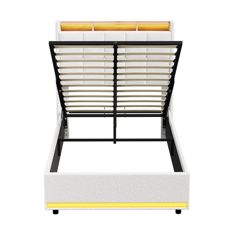 Oikiture Bed Frame King Single RGB LED Gas Lift with Storage Boucle