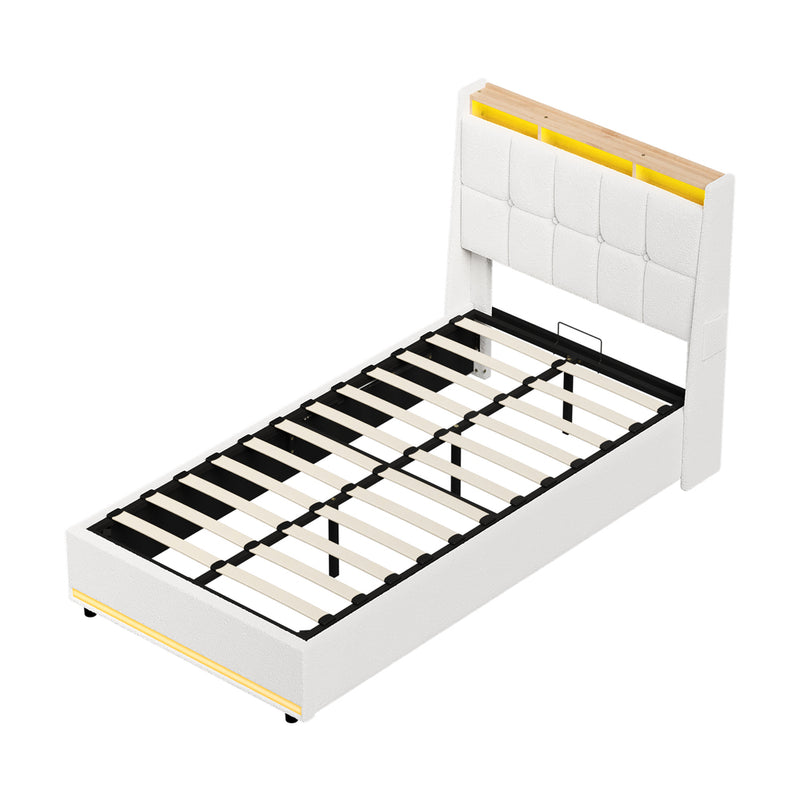 Oikiture Bed Frame King Single RGB LED Gas Lift with Storage Boucle