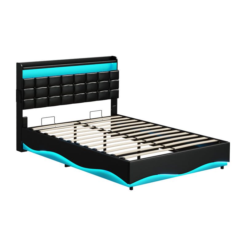 Oikiture Double Bed Frame Gas Lift LED Storage Headboard USB Black