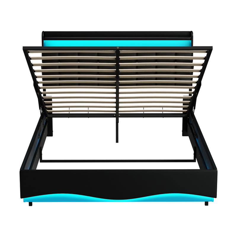 Oikiture Double Bed Frame Gas Lift LED Storage Headboard USB Black