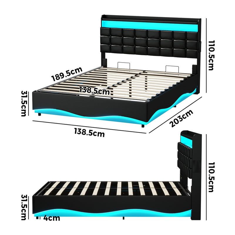 Oikiture Double Bed Frame Gas Lift LED Storage Headboard USB Black